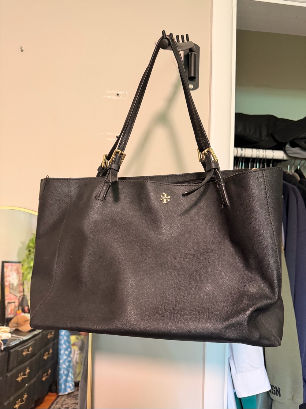 USED Tory Burch Black Leather Shoulder Bag with Gold Hardware